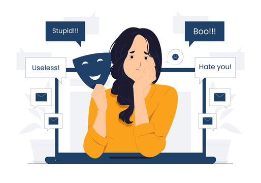 Cyber bullying with victim feeling frustrating, suffer, and depression getting bad toxic insult text message concept illustration