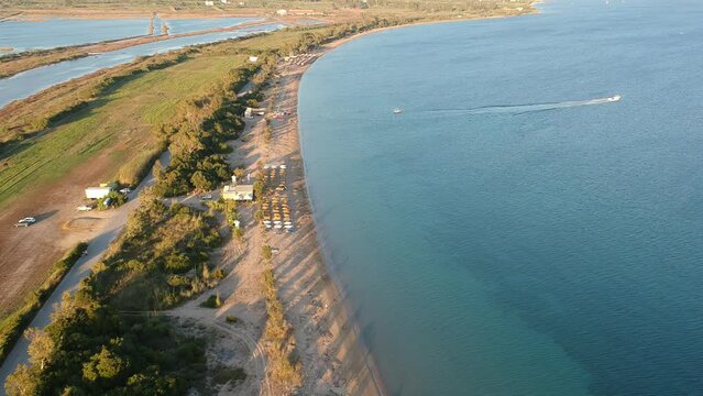 Panoramic aerial view over Divari beach near Navarino bay, Gialova. It is one of the best beaches in mediterranean Europe. Beautiful lagoon near Voidokilia from a high point of view, Messinia, Greece