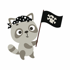 Cute little raccoon with pirate flag. Cartoon animal character for kids t-shirts, nursery decoration, baby shower, greeting card, invitation, house interior. Vector stock illustration