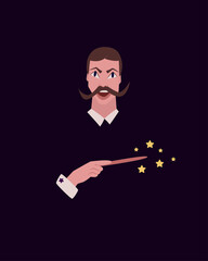 A cheerful wizard with a magic wand on a dark background. Vector illustration, isolated elements. Circus magician.