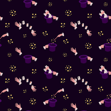 Vector seamless pattern with hands showing magic tricks. A magical circus pattern. A rabbit from a hat, a card trick, a magic wand.