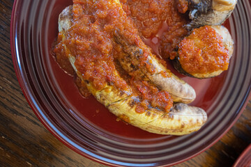 Nigerian Roasted Plantains - Boli with spicy pepper sauce
