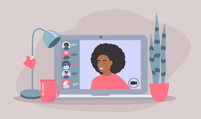 vector illustration on the topic of webinars, online conferences. black woman communicates via video link with colleagues. trend illustration in flat style