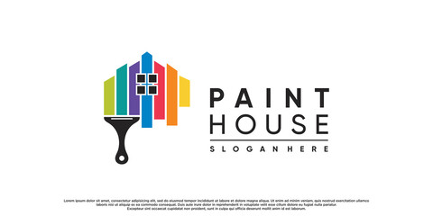 Paint and house logo design with brush element and rainbow color Premium Vector
