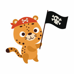 Cute little jaguar with pirate flag. Cartoon animal character for kids t-shirts, nursery decoration, baby shower, greeting card, invitation, house interior. Vector stock illustration