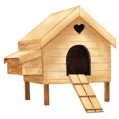 Wooden chicken coop watercolor illustration. Chicken house, coop, henhouse, roost, hencoop, hennery isolated on white background.