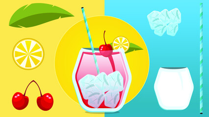 set of cocktail with props in hawaii background.eps