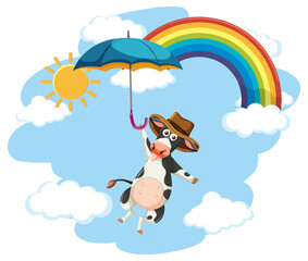 A cow holding umbrella in the sky