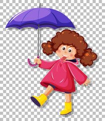 A girl in pink raincoat with umbrell grid background