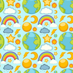 Cartoon earth and rainbow seamless pattern