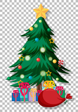 A Christmas tree with gift underneath on grid background