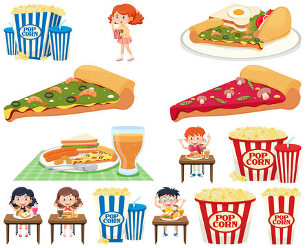 Set of different junk foods and kids