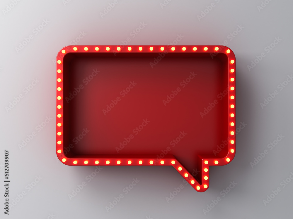 Poster Retro red speech bubble notification pin box with yellow shining neon light bulbs isolated on dark white wall background with shadow creative idea concepts 3D rendering