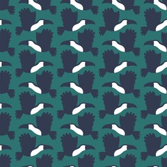 Regular seamless pattern with minimalist toucan birds vector. Blue and white birds on green background - animal surface design. Hand-drawn toucans silhouettes simple endless texture vector