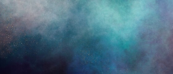 Fototapeta na wymiar 暗い星空のイラスト背景）緑と白の星雲　横長のバナー　スペース　夜　金粉　綺麗　宇宙　ダーク
