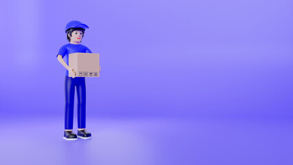 3d male cartoon character holding cardboard box. 3d rendering