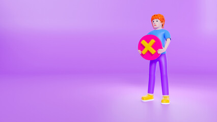 3d male cartoon character illustration holding cross symbol. 3d rendering