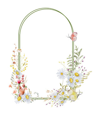 Wild flowers watercolor frame botanical hand drawn illustration