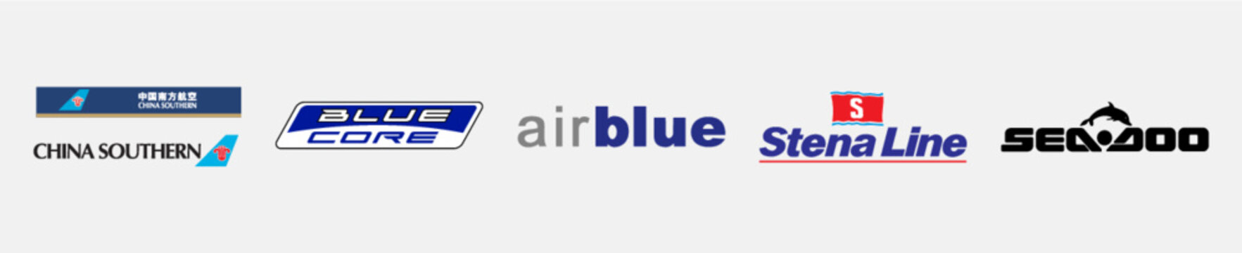 Air Blue logo, Stena Line logo, Sea Doo logo, China Southern Airlines logo, bluecore logo, Transport logo Bundle, Set of popular logos printed on paper.