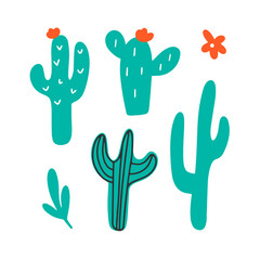Основные RGDesert mexican cactus set. Collection of green blossom cacti with a red flowers. Hand drawn vector illustration on a white background.B