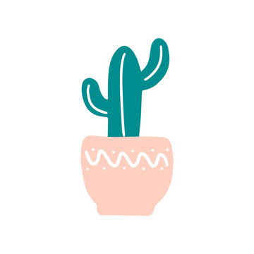 Single cute cactus grawing in a pink pot. Mexican houseplant for your t shirt design, postcard, poster. Hand drawn vector illustration on a white background.