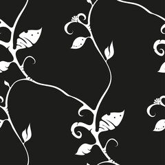 Vector seamless floral black and white pattern of stems and leaves on a black background for the design of wallpaper, fabric, wrapping paper.