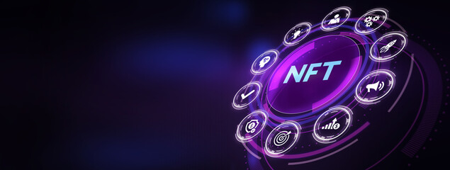 NFT Non-fungible token digital crypto  on virtual screen. - obrazy, fototapety, plakaty