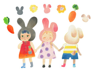 手書きの柔らかい質感の、うさぎの被り物をした子供たちのイラスト