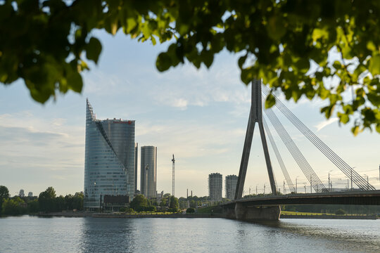 Vansu Bridge landmark building in Riga photographed in sunset light. Travel to Latvia.