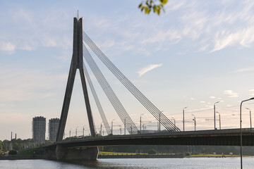 Vansu Bridge landmark building in Riga photographed in sunset light. Travel to Latvia.