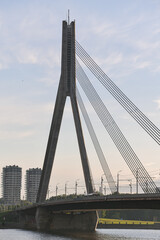 Vansu Bridge landmark building in Riga photographed in sunset light. Travel to Latvia.