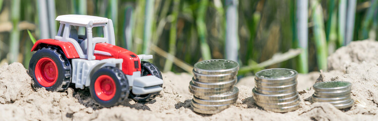 Agriculture concept with harvesting, tractor and money symbolizing about harvesting, earning money and productivity. Red tractor with grain trailer against the background of beds with wheat