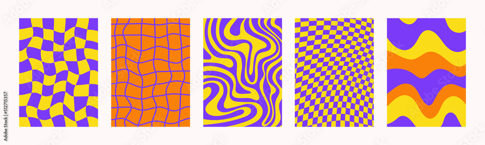 Wall mural Retro set wavy abstract vertical backgrounds in style hippie 60s, 70s. Trendy collection groovy distorted checkered and waves templates. Yellow, orange and purple colors. Vector illustration