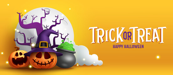 Halloween celebration vector design. Trick or treat text with jack o pumpkin character, moon and potion pot elements for halloween celebration. Vector illustration.
