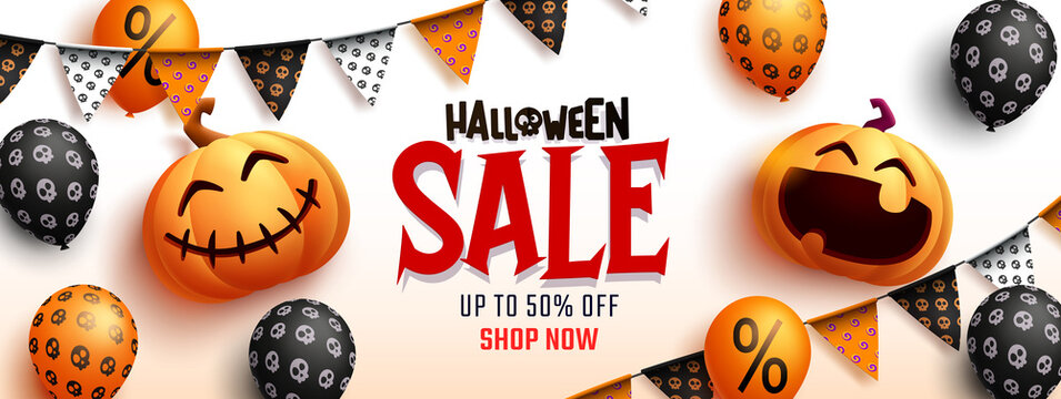 Halloween sale vector banner design. Halloween sale text with seasonal discount offer for trick or treat holiday promo ads. Vector illustration.

