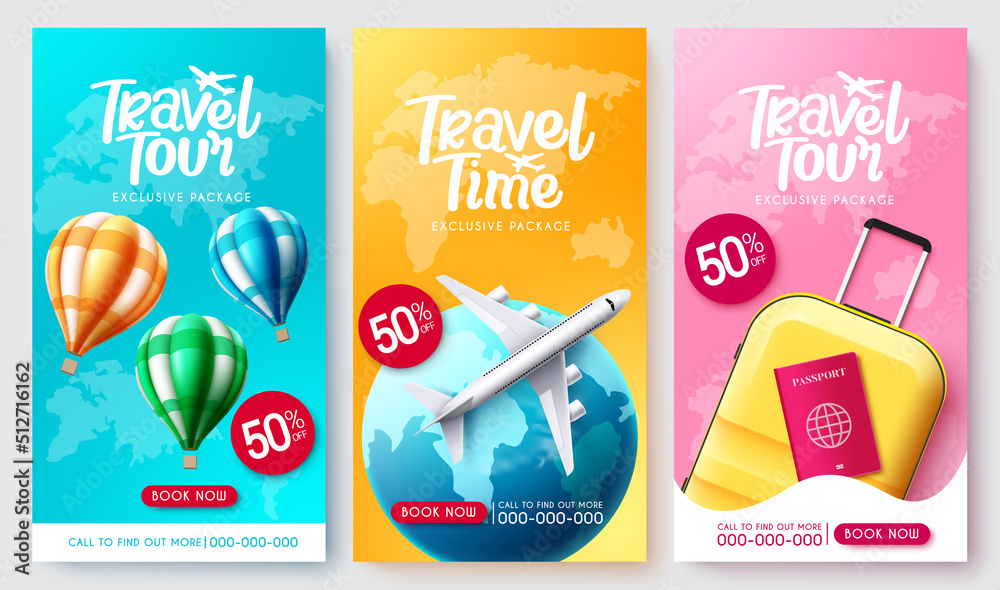 Canvas Prints travel tour vector poster set. travel package collection in exclusive discount with tourist elements