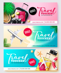 Travel voucher vector banner set. Travel voucher text collection in discount coupon design with worldwide tourist vacation elements for travelling trip coupon. Vector illustration.
 - obrazy, fototapety, plakaty