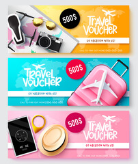 Travel voucher vector banner set design. Travel vacation voucher text collection with flight discount and travelling elements for tourist transportation promo. Vector illustration.
 - obrazy, fototapety, plakaty