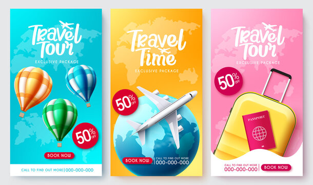 Travel tour vector poster set. Travel package collection in exclusive discount with tourist elements for travelling sale offer design. Vector illustration.
