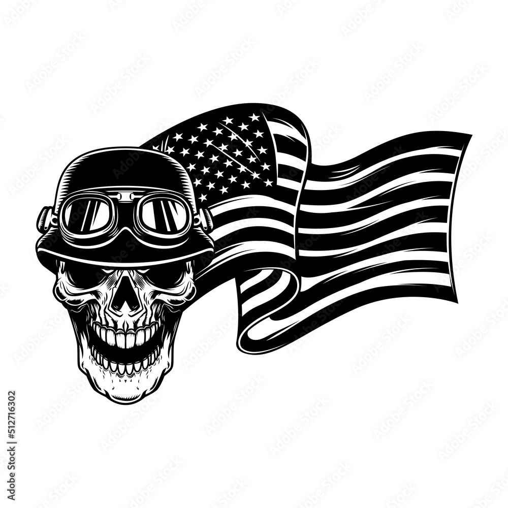 Wall mural racer skull on usa flag background. biker skull. design element for poster, card, banner, sign. vect