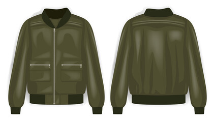 Green bomber jacket army front and back view, vector mockup illustration © L_Nuge