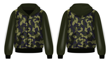 Green jacket army with camouflage pattern and hoodie front and back view, vector mockup illustration © L_Nuge