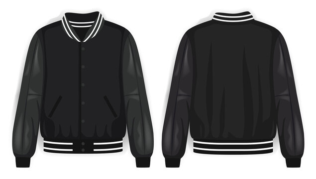 Black varsity jacket front and back view, vector mockup illustration