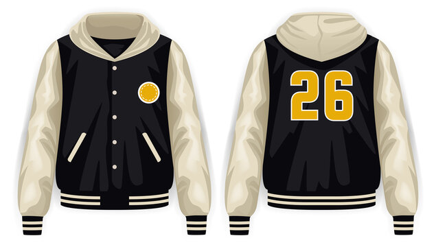Black, yellow and beige varsity jacket with hoodie front and back view, vector mockup illustration