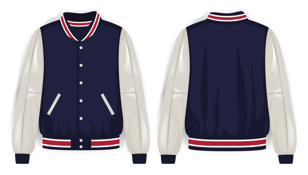 Blue, white, and red varsity jacket front and back view, vector mockup illustration