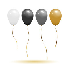 Balloons in white, black, silver, gold colour with 4 styles separate gold ribbons. Isolated on white background with shadow, mockup template object. Realistic 3D vector illustration.