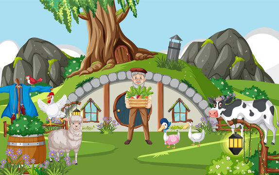 Hobbit house with farm animals