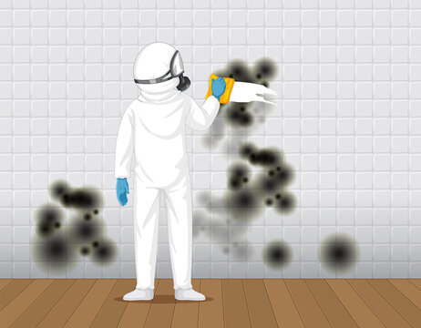 Man in protective hazmat suit cleaning mold on the wall