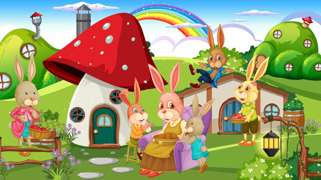 Rabbit family in fantasy forest