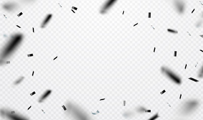 Falling shiny black confetti isolated on transparent background. Confetti Party Background. Black confetti explosion celebration. Abstract decoration party, birthday celebrate or Christmas, New Year.